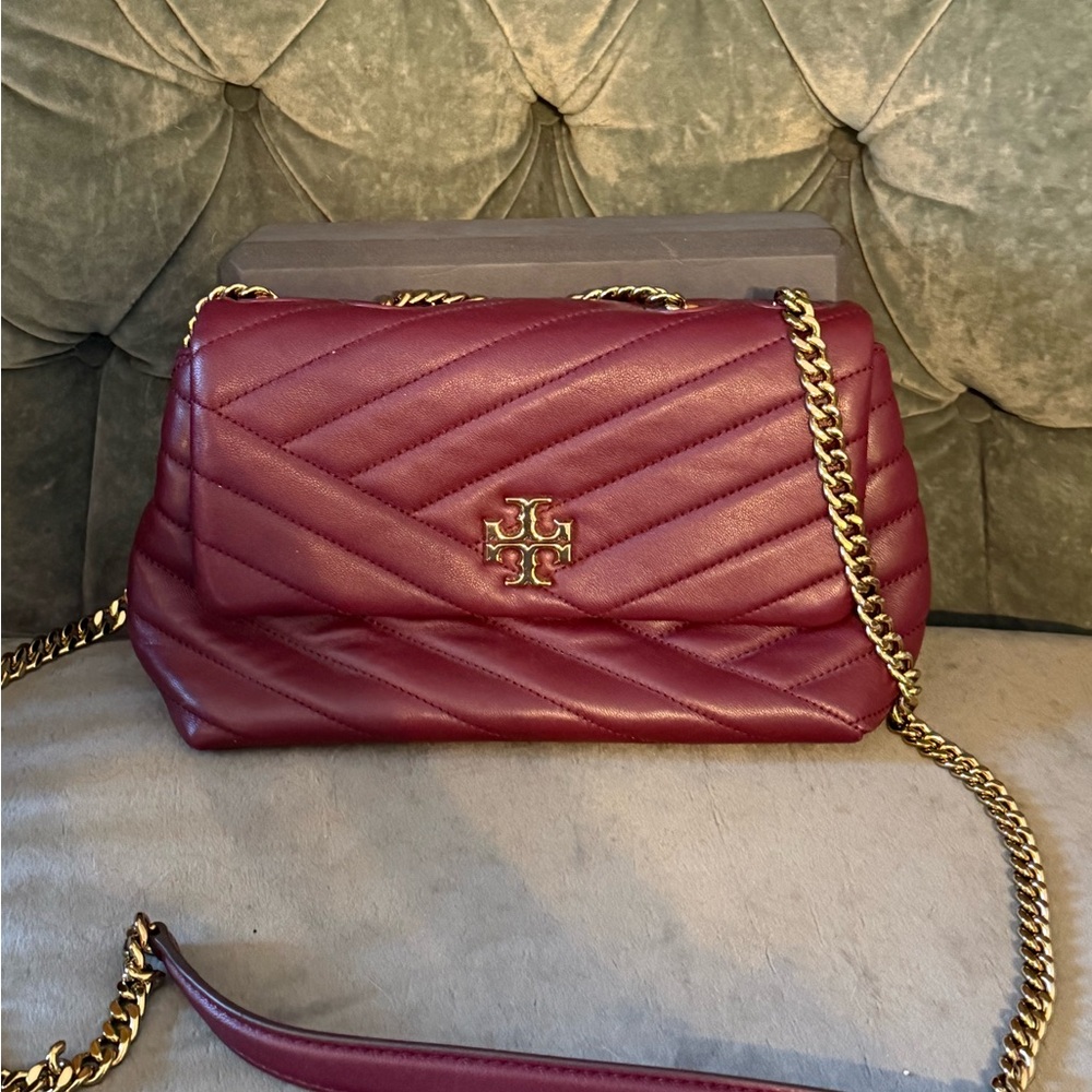 Tory Burch Maroon Quilted Shoulder Bag with Gold Chain